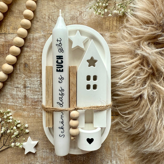 Handgefertigter Hygge Kerzenteller Dankbarkeit mit Kerze, Holzhaus und Herz