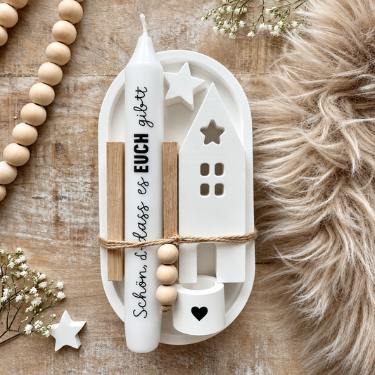 Handgefertigter Hygge Kerzenteller Dankbarkeit mit Kerze, Holzhaus und Herz