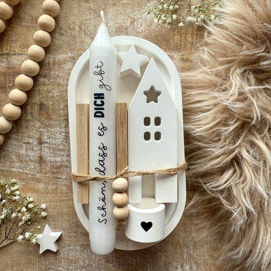 Handgefertigter Hygge Kerzenteller Lebensfreude mit Kerze, Holzhaus und Herz