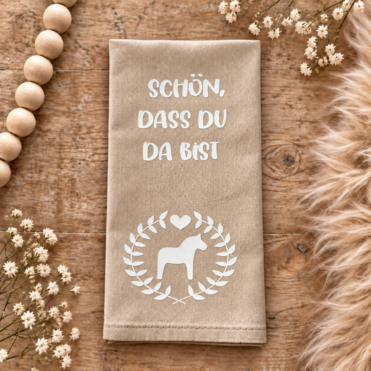 Stoffserviete mit Spruch und Dala Pferd Beige